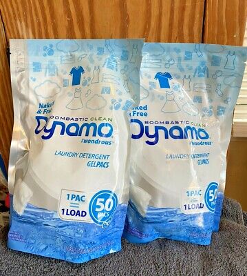 Detergente para ropa Dynamo desnudo y gratuito HE 50 Gelpac lote de 2 vainas para lavandería DIFÍCIL DE ENCONTRAR NUEVO