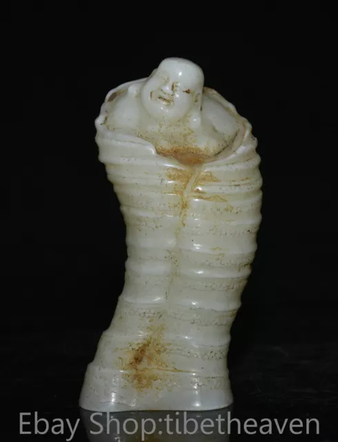 5.2” Old Chinese White Jade Carving Feng Shui Happy Laugh Maitreya Buddha Statue