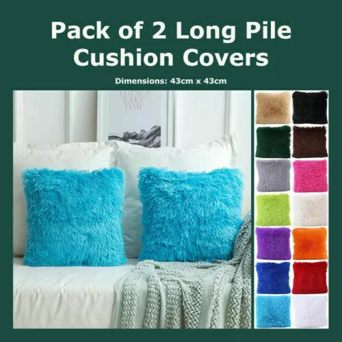 Pack of 2 Long Pile Soft Shaggy Faux Fur Plain Fluffy Cushion Covers Pillow Case