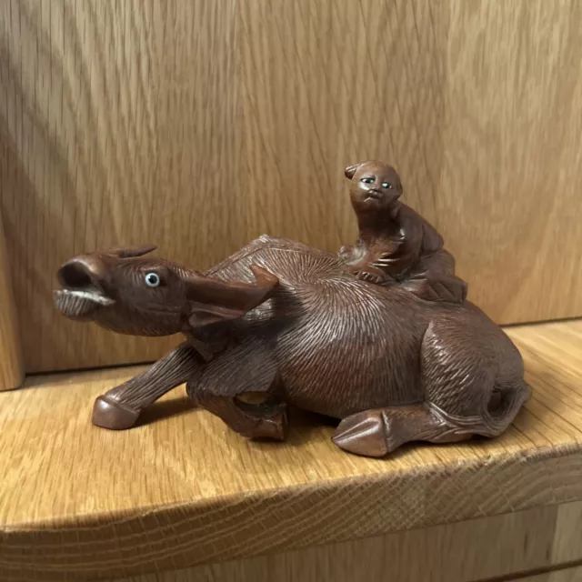 Vintage Wood Hand Carved Water Buffalo With Boy On Back