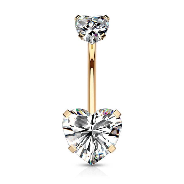 Double Heart CZ Surgical Steel Prong Set 14GA Navel Belly Ring Rose Gold / Clear