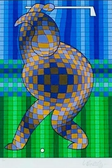 Victor Vasarely The Golfeur (Bleu Et Or ) Signé à la Main Lim. Ed Encadré