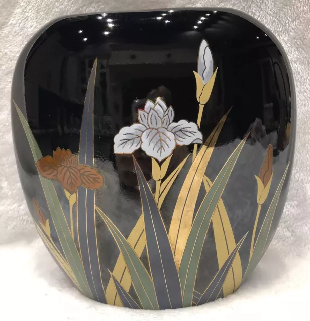 Vintage Otagiri Japanese Black Oval Floral Iris Vase 7" - GORGEOUS!