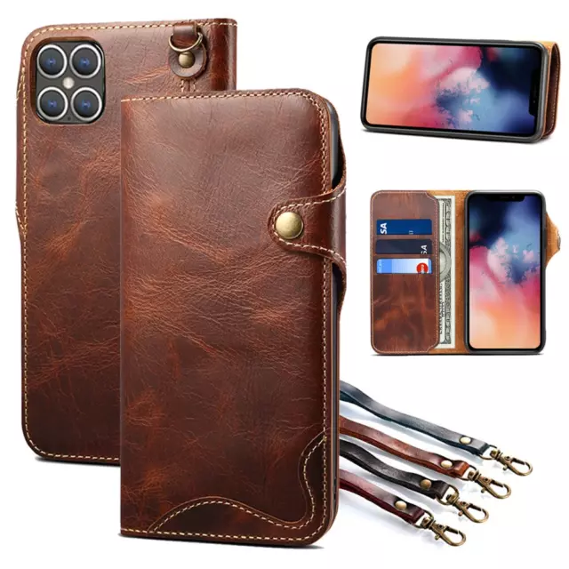 Real Genuine Leather Flip Wallet Case Cover For iPhone 15 14 13 12 11 XS Max 8+