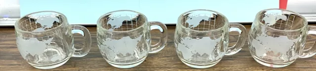 Vintage Nestle Nescafe World Globe Frosted Glass Coffee Mugs Cups - Set of 4