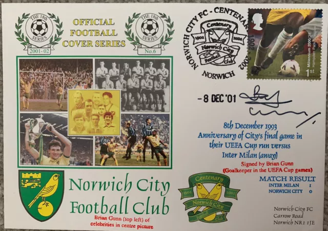Norwich City V Inter Milan 2001 Dawn First Day Cover Signed By Brian Gunn