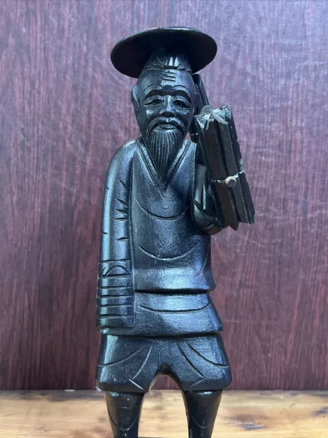 vintage 100% wooden carved hand made Asian farmer man statue 2
