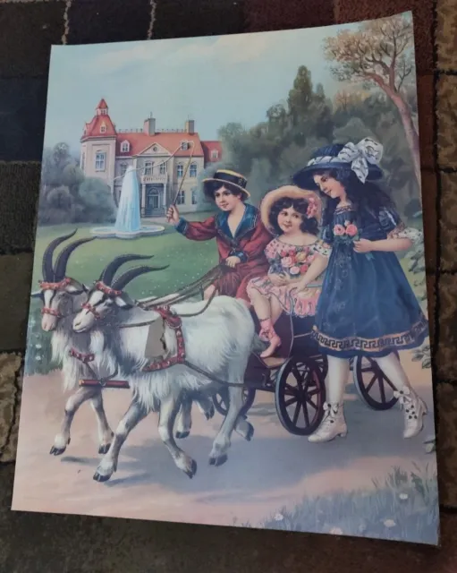 Antique German Lithograph Poster Print / Chromolithograph Children Horse Dog