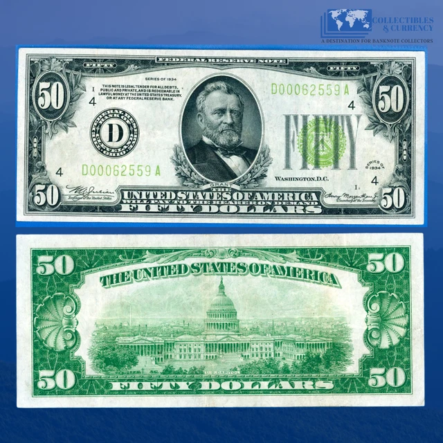 1934 $50 Federal Reserve Note Cleveland, Lime Green Seal, VF #62559