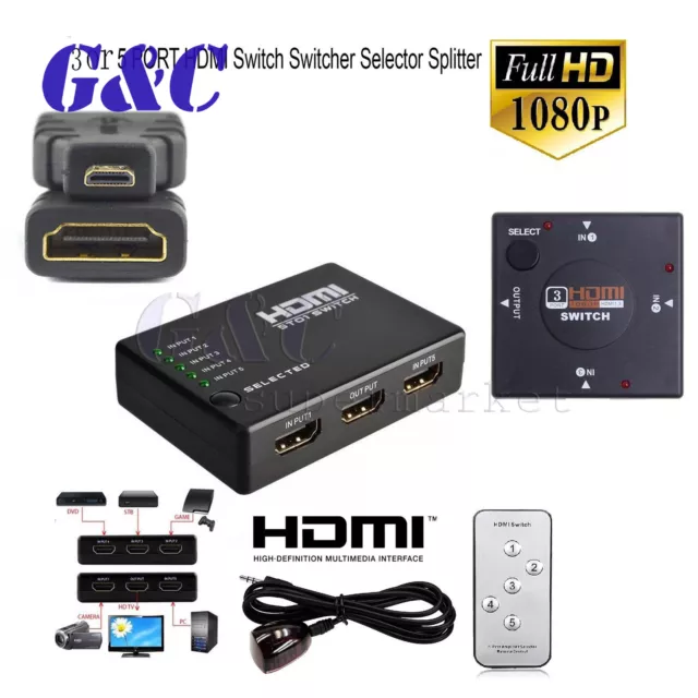 3/5 Port 1080P HDMI Switch Selector Switcher Splitter Hub+Remote for PS3 HDTV