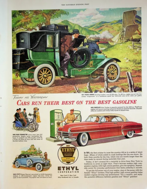 1953 Ethyl Gasoline 1911 Pierce-Arrow Touring Landau Car Vintage 1950s Print Ad