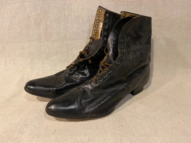 Antique Victorian Edwardian Lady Womens Black Leather Heeled Shoes Boots