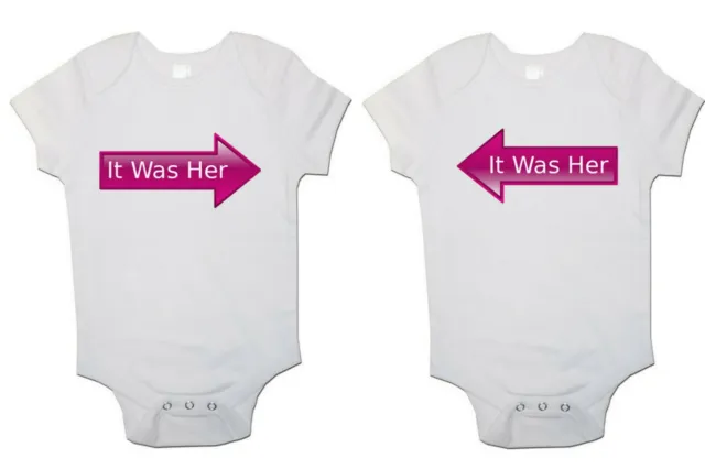 Twins Baby Grow Vest bodysuits "It Was Her" Present for Newborn Gift (Set Of 2)