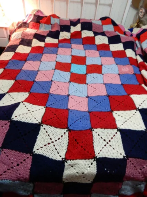 Huge Vintage Hand Made Crocheted Wool Grannie Square Blanket 320 X 300 Cm