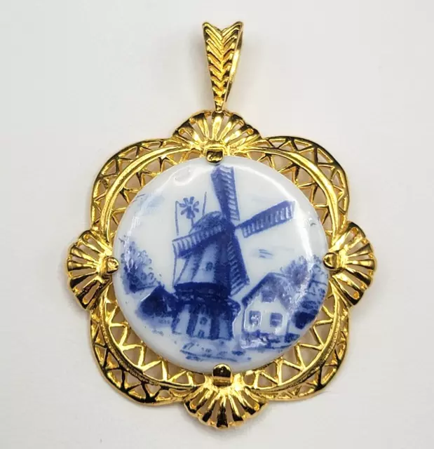 Gold Plated Pendant Blue Porcelain Windmill Amsterdam Bavaria Danbury Bareuther