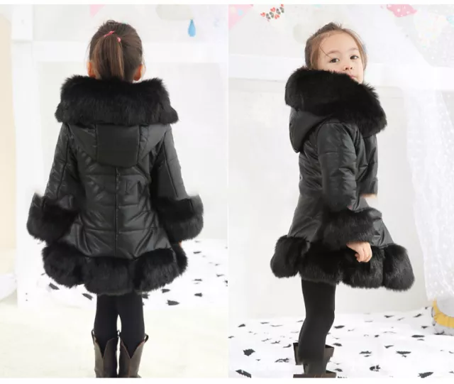 Girls Child Kids Quilted Winter Coat Jacket Puffer Fur Hooded Long Parka Coat 2