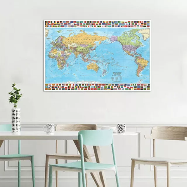 Large Map of the World English Political Poster with Country Flags Hanging Decor
