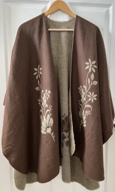 Made In France Women Large Reversal Floral Poncho Shrug Shawl Wrap Beige Brown