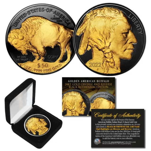 2022 BLACK RUTHENIUM $50 AMERICAN GOLD BUFFALO Indian Tribute Coin 24K with BOX