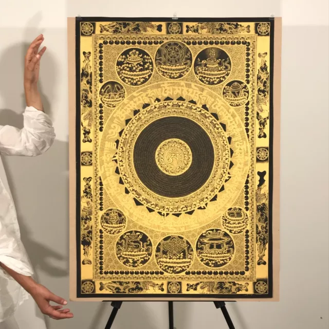 Thangka Mandala Mantra with OM, 10 Auspicious Symbols and Dragons - 94x65cm