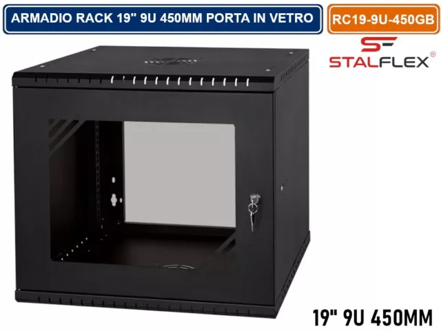 Armadio Rack 19" 9U 450Mm A Parete Nero Ral9005 Sportello In Vetro Reversibile