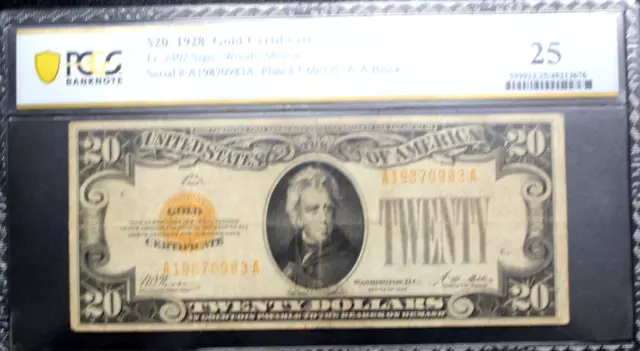 1928 $20 Twenty Dollar Gold Certificate Note   Pcgs Very Fine 25 Fr# 2402