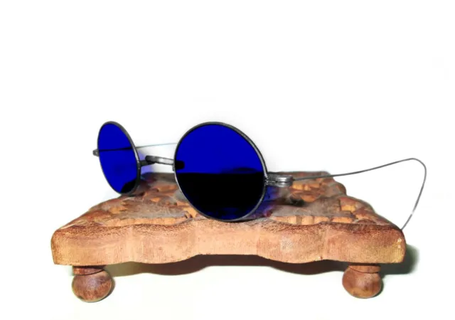 Antique Cobalt Blue Wire Rim Oval Sunglasses Civil War Glasses Vtg Spectacles