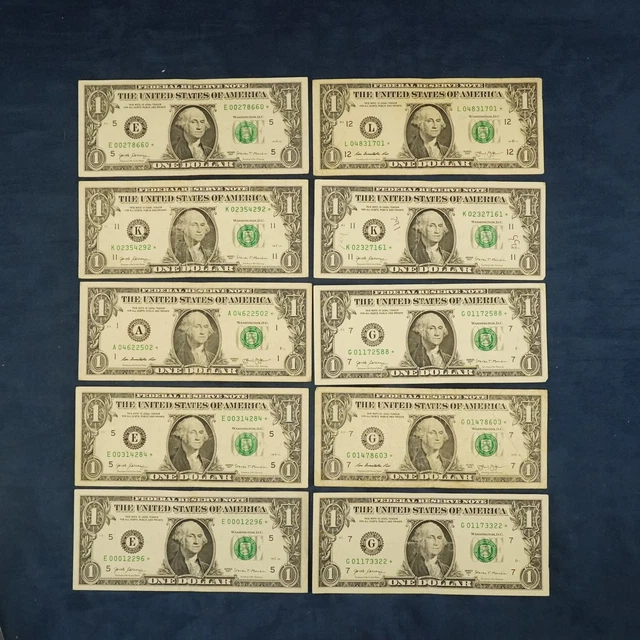 Lot of 10 $1 Federal Reserve Star Notes - Free Shipping USA