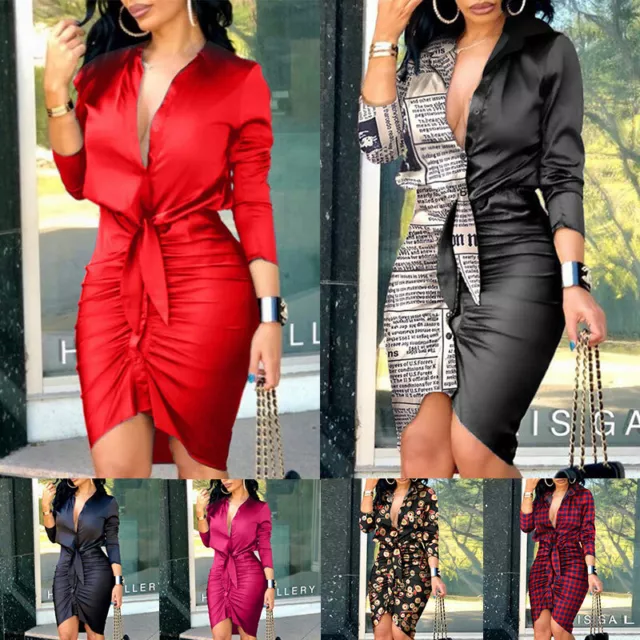 Women Sexy Deep V Neck Mini Dresses Ladies Long Sleeve Party Club Bodycon Dress