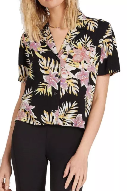 VOLCOM NEW $45 Gen Wow Short Sleeve Top Black Floral Print Medium