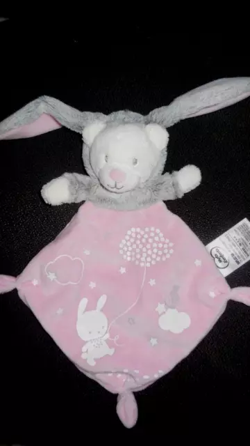 doudou plat lapin gris blanc rose phosphorescent MOTS D'ENFANTS - état NEUF -