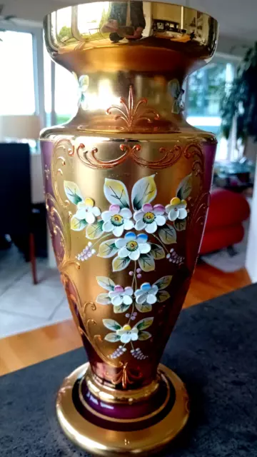 Glas Vase - Prunkvase  -BOHEMIA- 24K Goldauflage und Emallieverzierung - H=25 cm