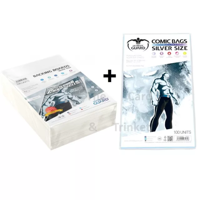 100 Ultimate Guard Silver Resealable Comic Bags + Backing Boards 181mm x 268mm