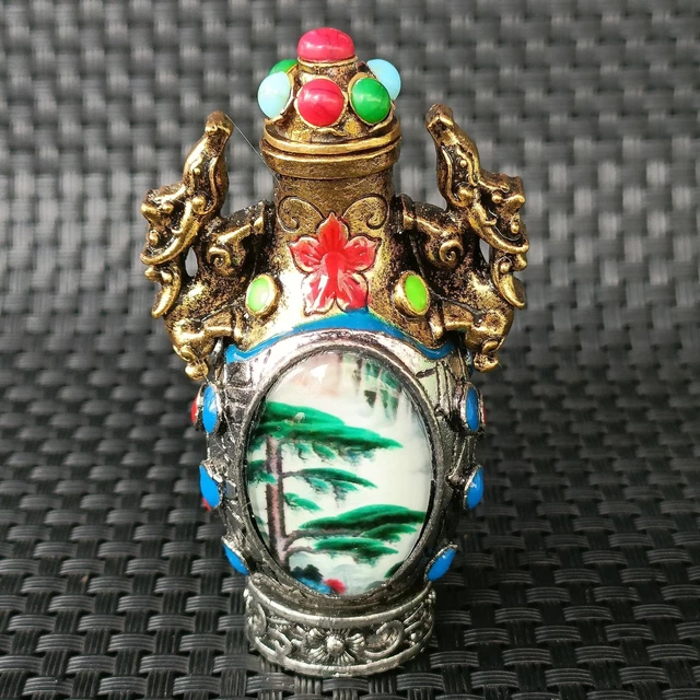 Chinese Ancient Silver Green Hills and Green Water Painted Art Snuff Bottle