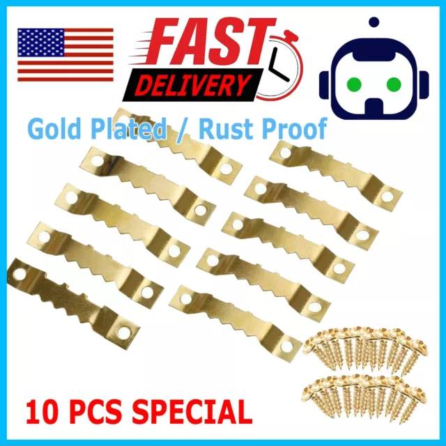 Gold 10PCS DIY Sawtooth Picture Frame Hanging Hangers Double Hole with 20 Screws