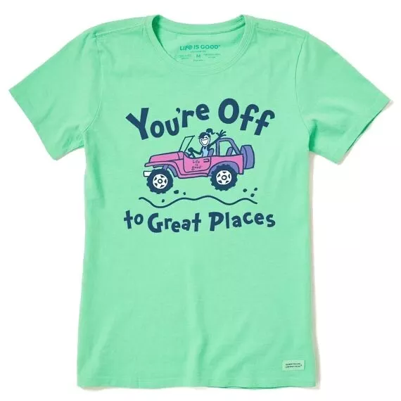 NWT Women's Life is Good Off To Great Places Jackie Jeep Green SS Crusher Tee