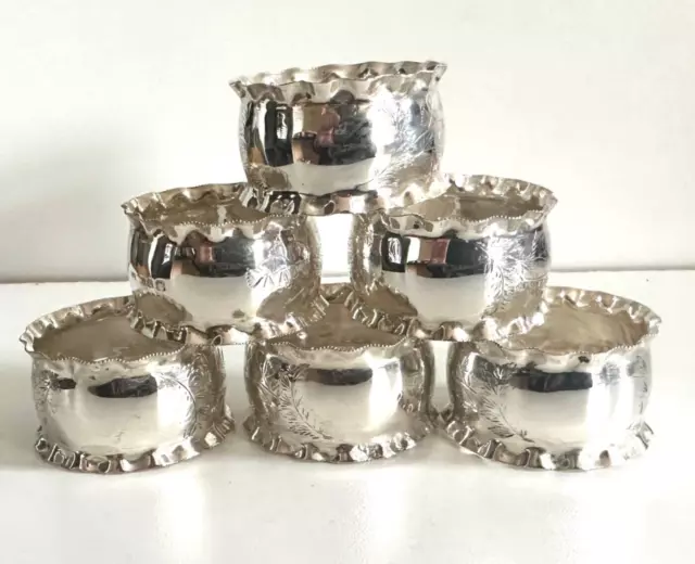 RARE 1893 Birmingham England Victorian SET of SIX Pie Crust Edge Napkin Rings