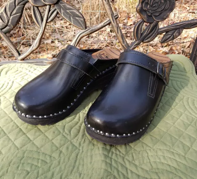 Troentorp Classic Swedish Clogs Mules Leather Slip-on w/Buckle Black Size 36