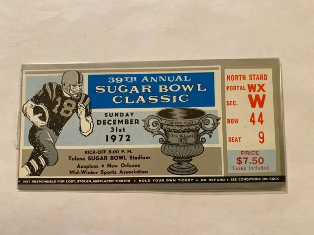 Vintage 1972 Sugar Bowl Ticket Stub - Penn State Vs. Oklahoma December 31, 1972