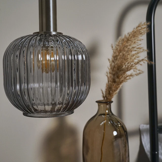 Gebürstetes Chrom Hängeleuchte Beschlag gerippt Rauchglas Schirm LED Birne
