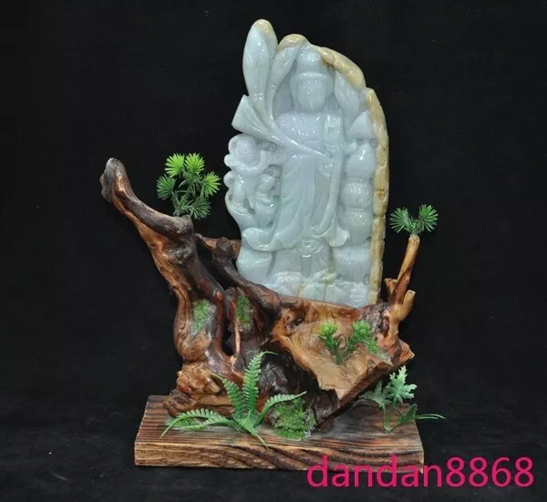 12"China 100% natural Jadeite Emerald Jade Carved Kwan-Yin GuanYin Buddha statue