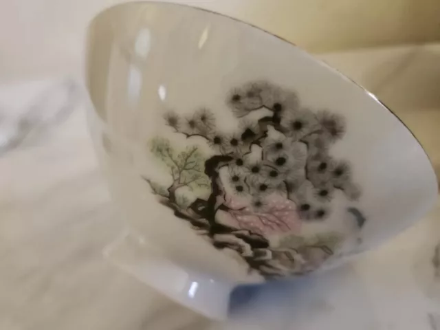 4 PCS Total, Vintage Rice Bowls Hand Painted Mountain scene - JAPAN 