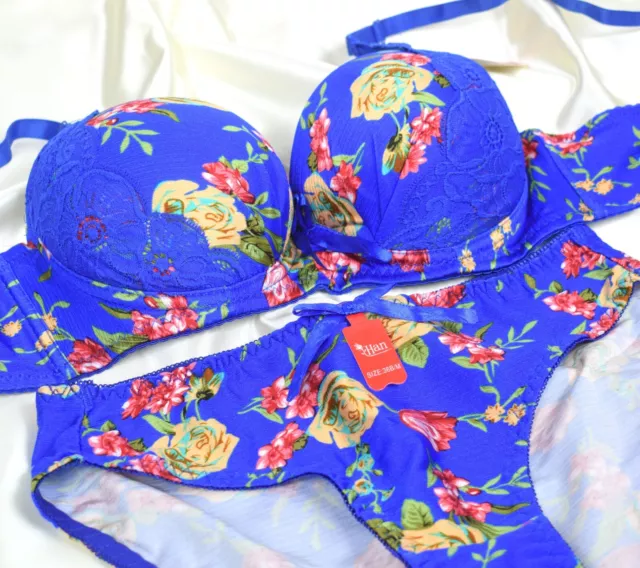 Sexy Bra Set Floral Blue Lace Ladies Underwear Sets Lingerie Push Up Briefs