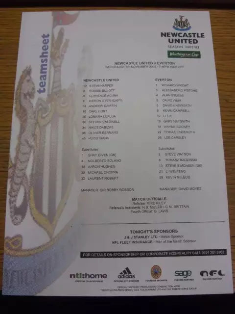 06/11/2002 Colour Teamsheet: Newcastle United v Everton [Football League Cup] .