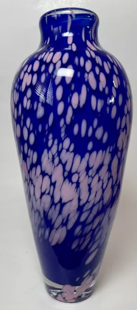 Hand Blown Art Glass Vase Cobalt Blue and Light Pink Speckled 12” Tall
