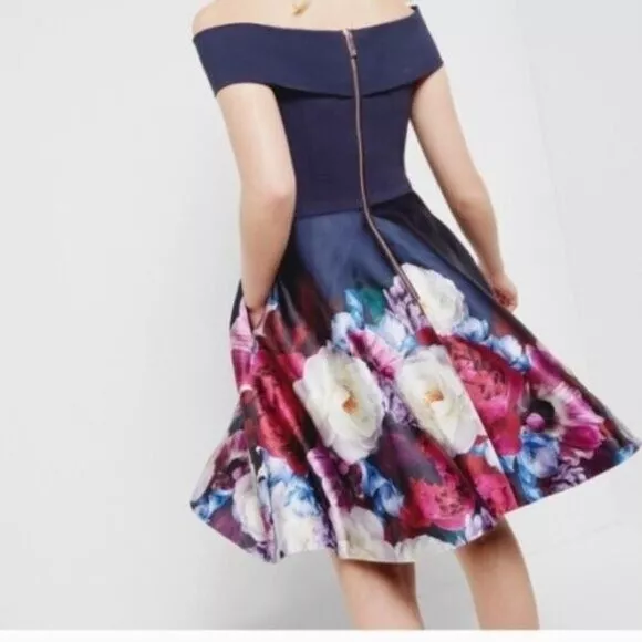 Ted Baker Nersi Blushing Bouquet Floral Print Off the Shoulder Bardot Dress 0 2