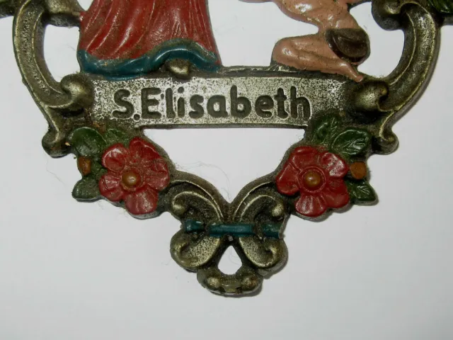 vintage S.Elisabeth  Andachtsbild Heiligenbild religiöse Metalldeko Kühn ? Zinn 2