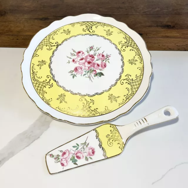 James Kent Old Foley 1950s Cake Plate & Slice Chintz China Yellow Pink Roses Vtg