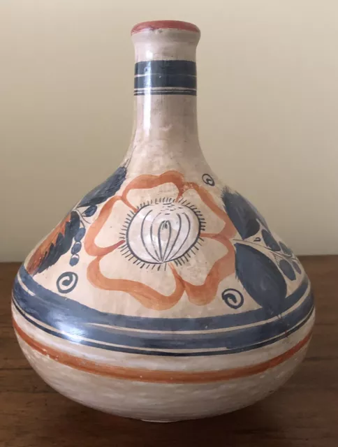 Mexican Hand Painted Tonala Earthenware Pottery Large Jug Vase Carafe