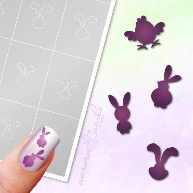 Plantillas para aerógrafo y arte de uñas SET55 Pascua Conejo de Pascua pegadas.